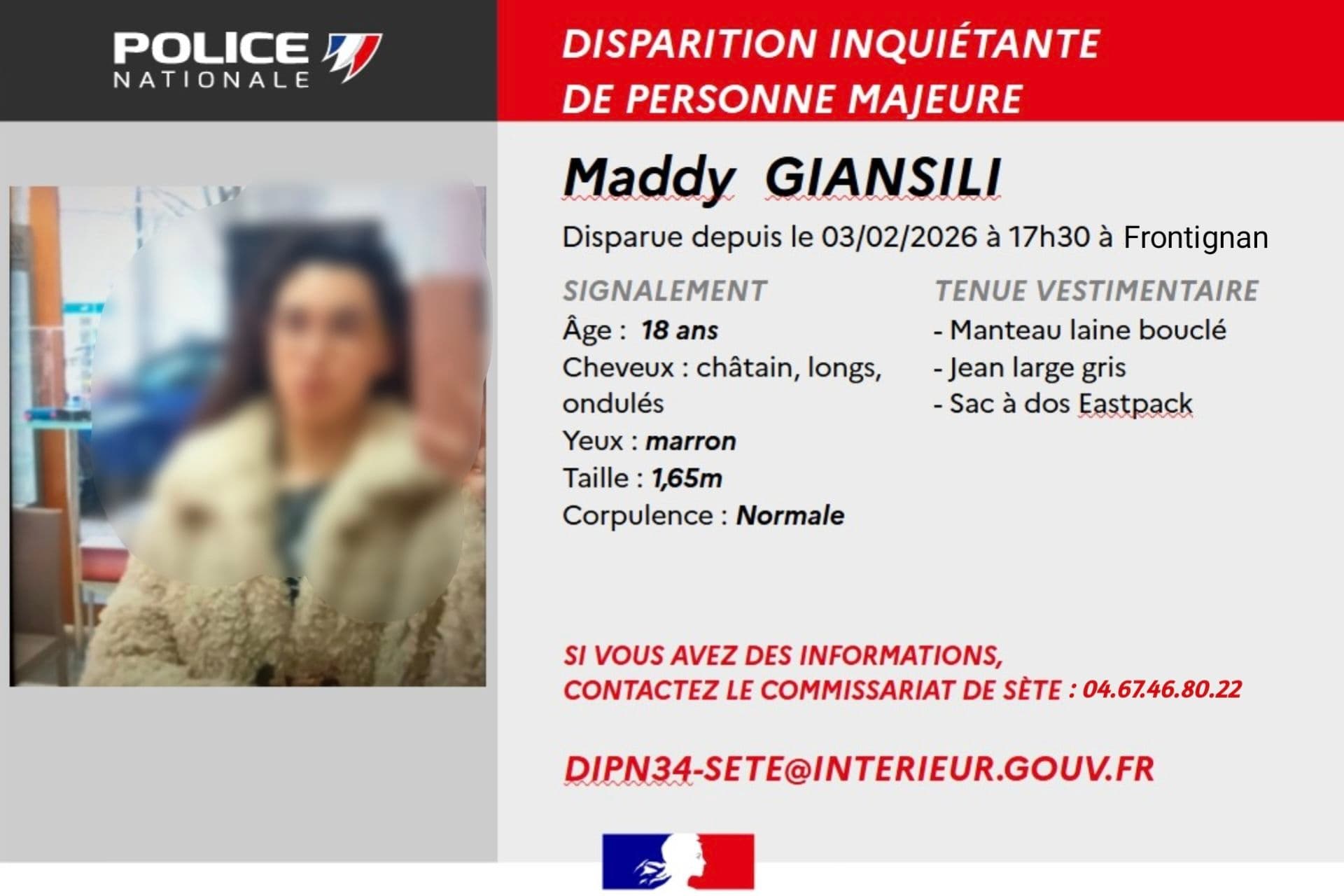 FRONTIGNAN : Disparition de Maddy, 18 ans ; la police lance un appel à témoins